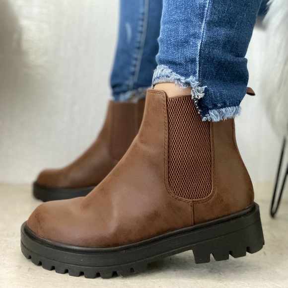 Shoes - Brown Brush Motorcycle Platform Booties